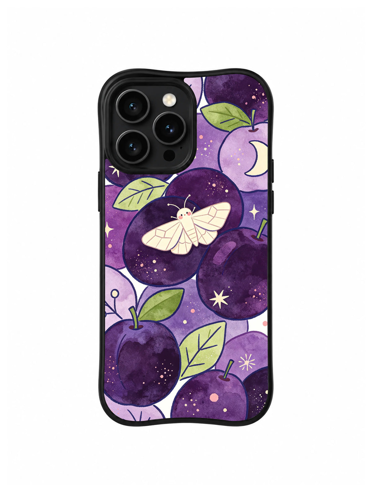 Plum Orchard Moth Flight: A pale moth flies across dark purple plums, green leaves and a crescent moon.