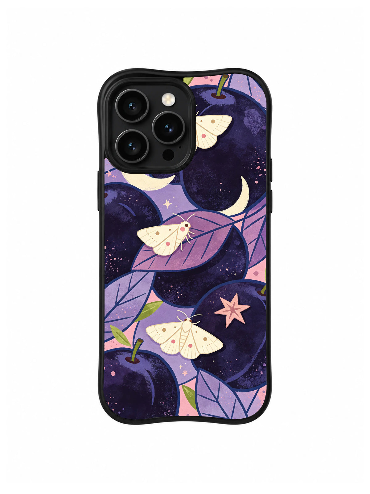 Crescent Plum Moth Path: Pale moths follow a path through dark plums, purple leaves and small celestial marks.
