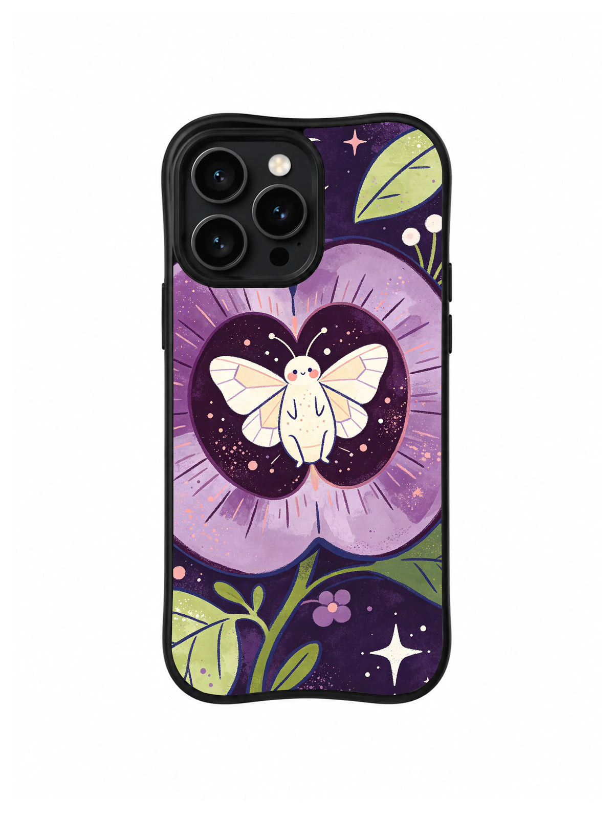 Star Seed Moth Bloom: A pale moth rests at the center of a round dark plum-like bloom with radiating purple petals.
