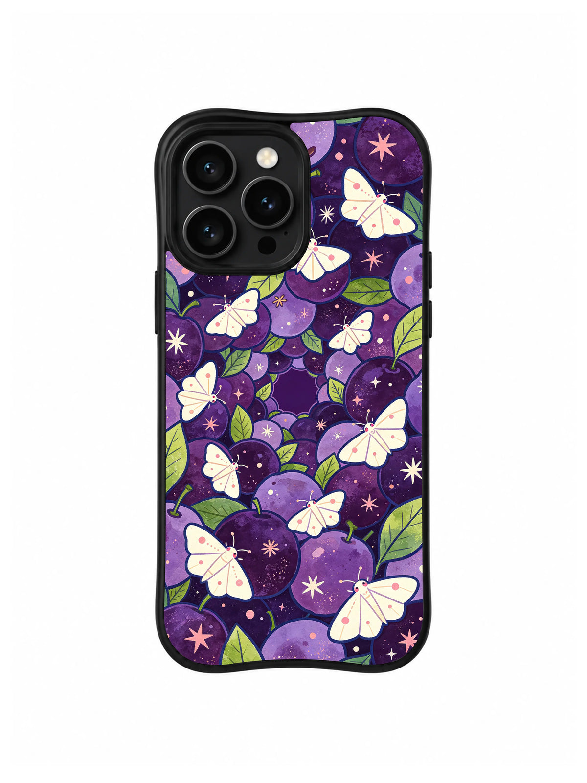 Midnight Plum Moth Swarm: Many pale moths fly through a dense field of purple plums, leaves and stars.