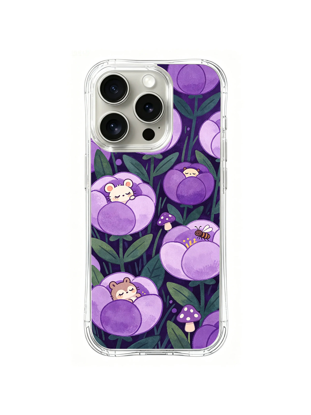 Sleepy Peony Mouse Garden: Küçük fareler koyu yeşil yaprakların arasındaki yuvarlak mor çiçeklerde uyur.