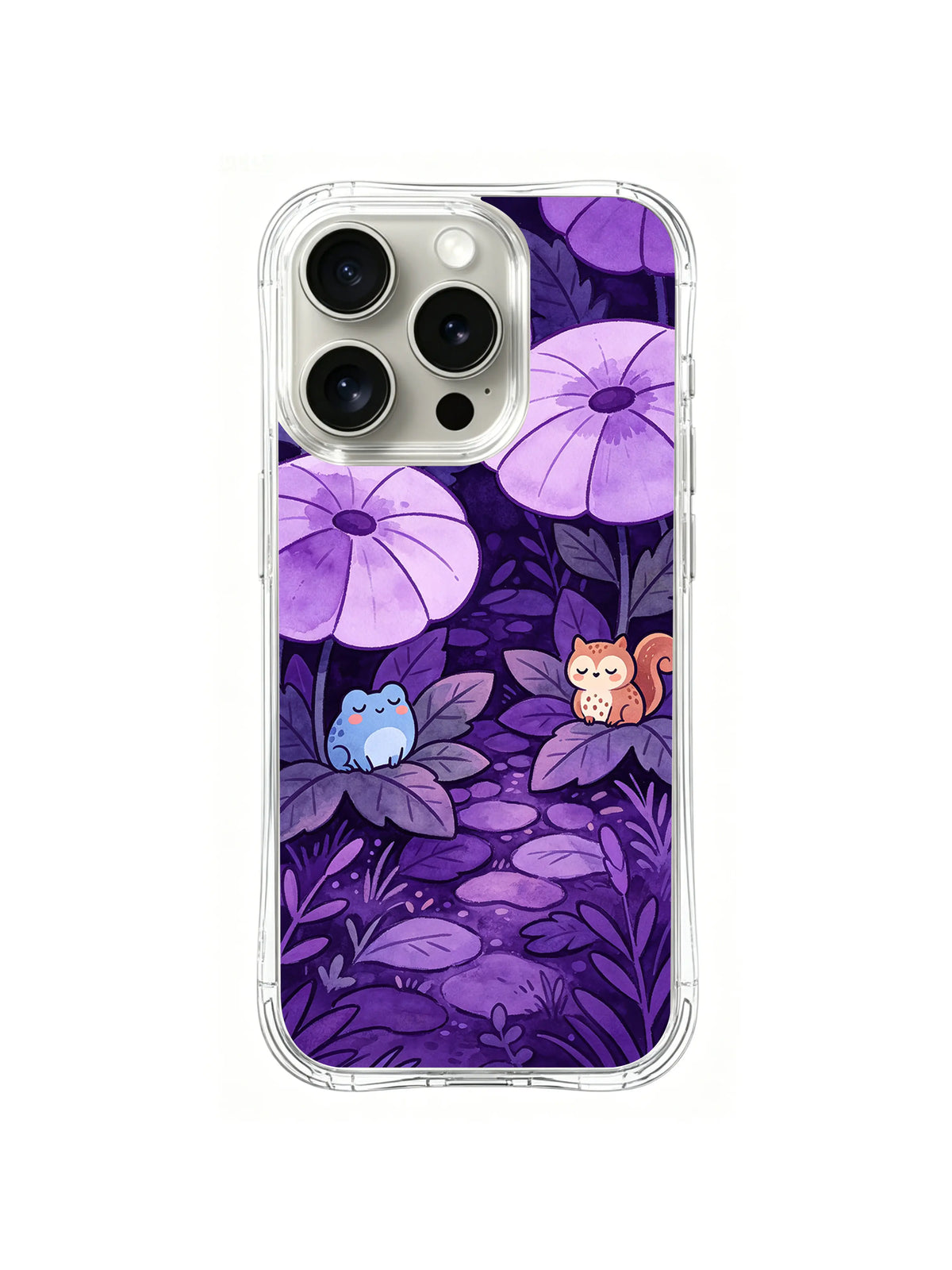 Violet Moonflower Forest Friends: Küçük orman hayvanları büyük mor çiçeklerin altında dinlenir.