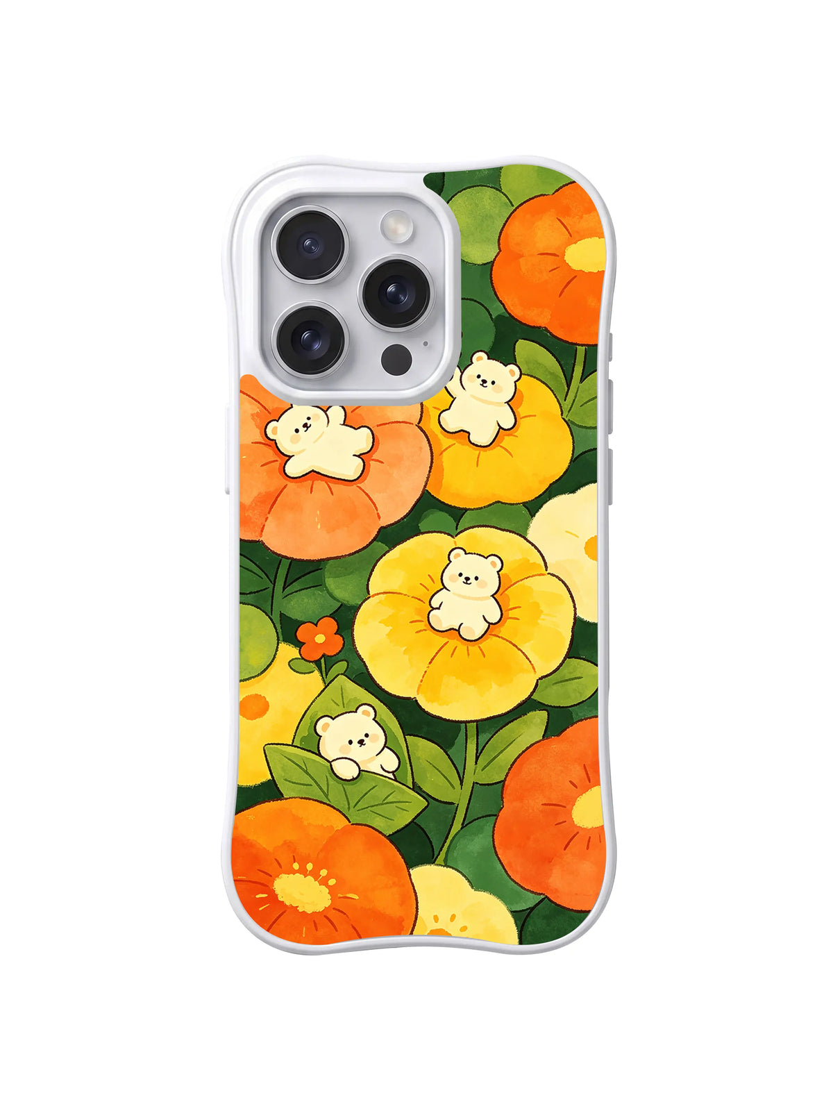 Golden Poppy Bear Garden: Small cream bears peek from large orange and yellow poppies.