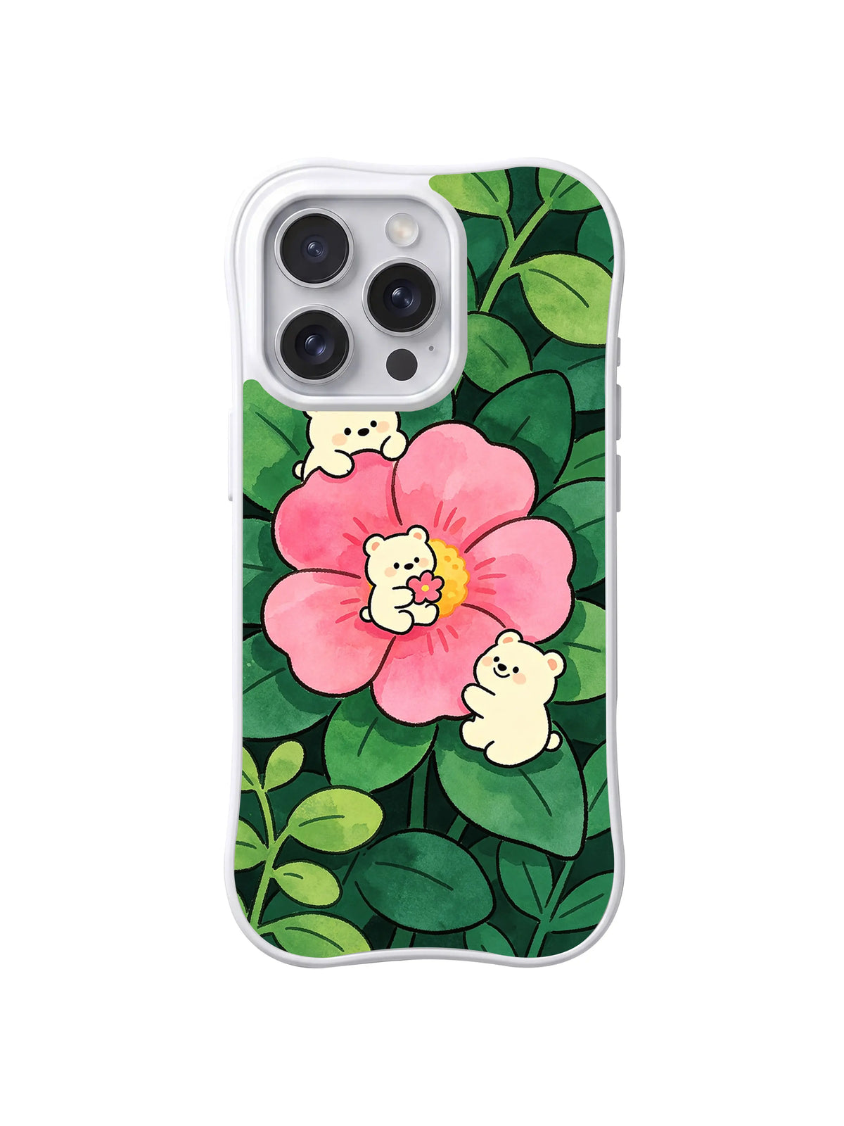 Pink Bloom Bear Friends: Cream bears rest among a giant pink flower, clover and dark green leaves.