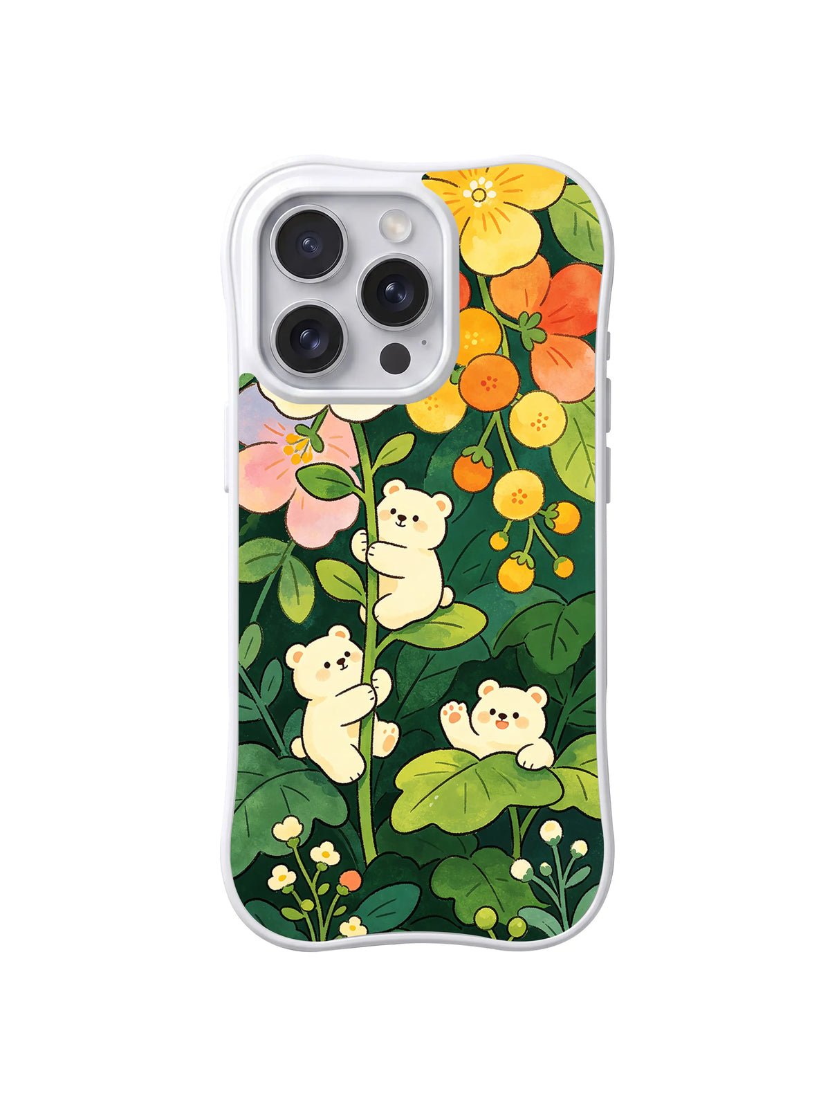 Rainbow Stem Bear Climb: Small bears climb stems through a meadow of orange, pink and yellow flowers.