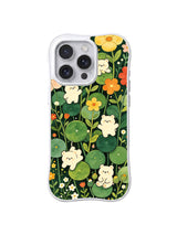 Colorful Meadow Bear Parade: Cream bears move between round green leaves and small multicolor flowers.
