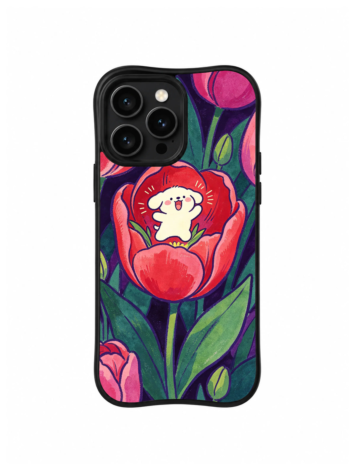 Brave Bloom Puppy Solo: Tek bir açık renkli yavru köpek koyu yeşil yaprakların üzerindeki büyük kırmızı laleden bakar.