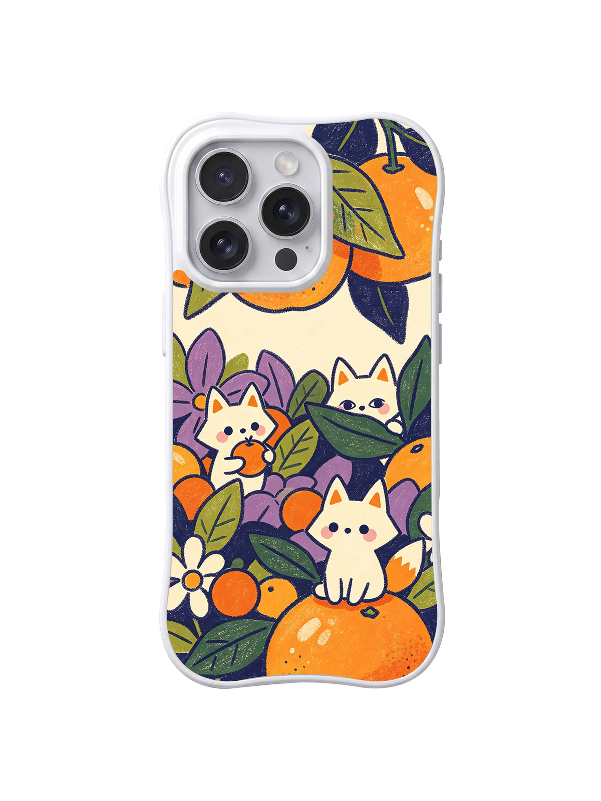 Tangerine Grove Fox Friends: Small foxes sit between tangerines, dark leaves and purple foliage.