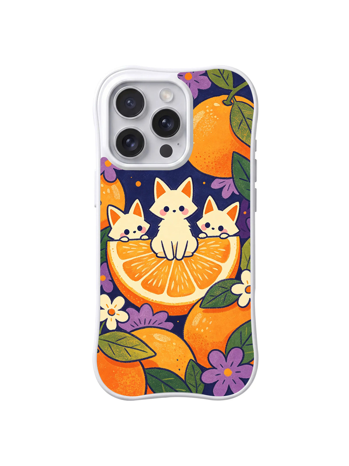 Orange Slice Hide-and-Seek: Three foxes gather around a large orange slice among citrus fruit and purple flowers.