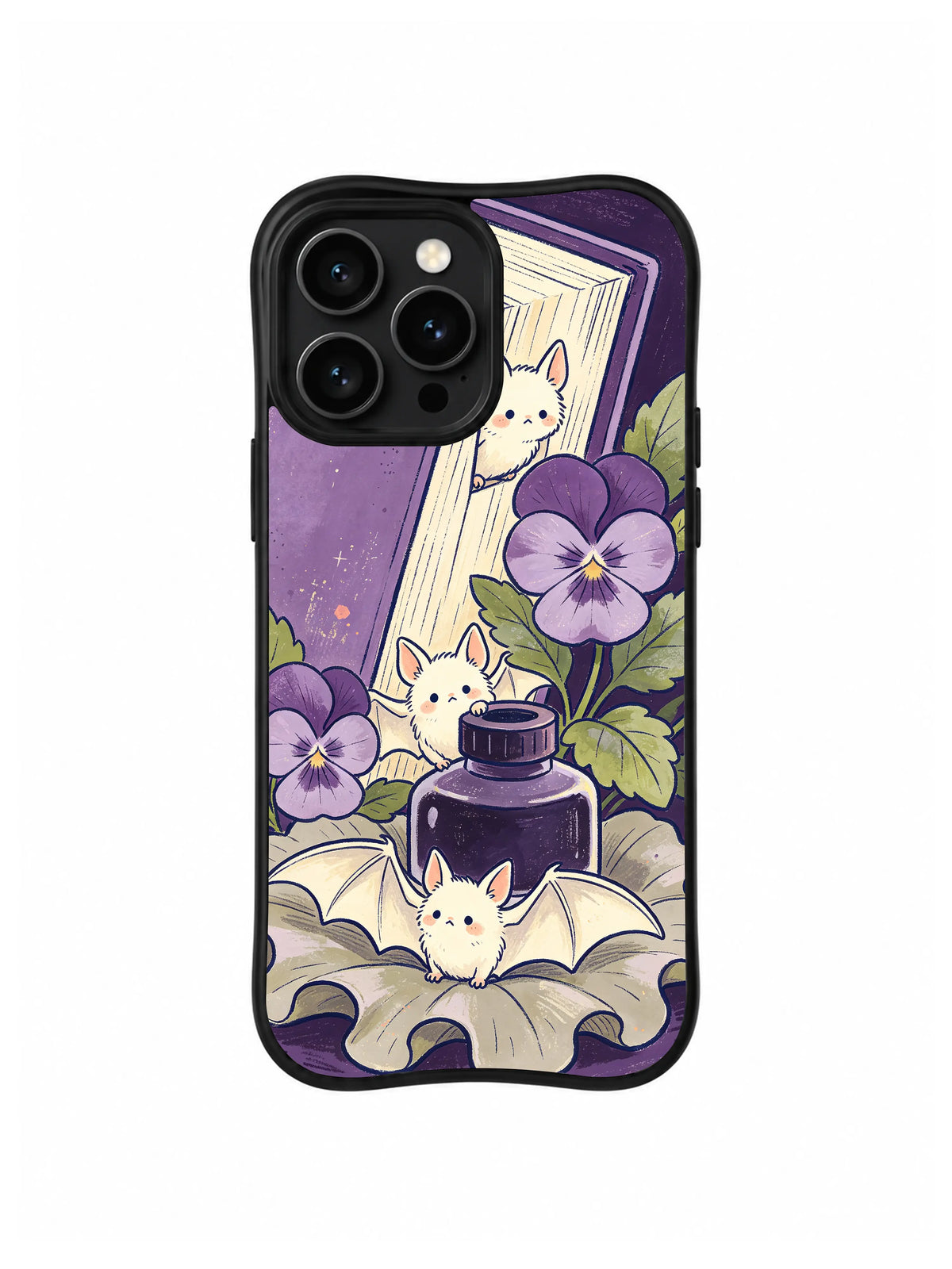 Hidden Page Batlings: Several pale batlings hide among open books, an ink bottle and purple pansies.