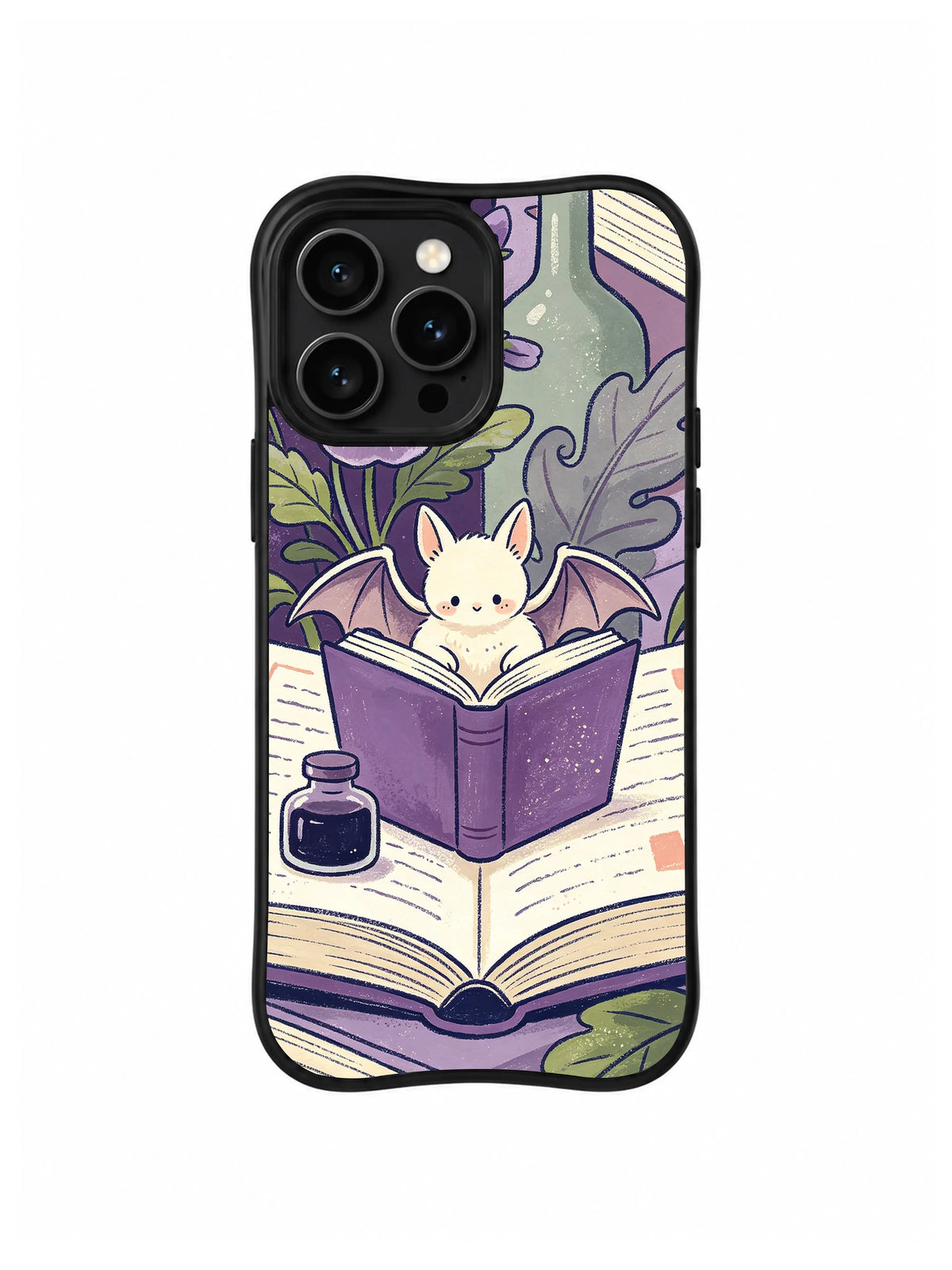 Open Book Batling: A small pale batling reads inside an upright violet book resting on open pages.