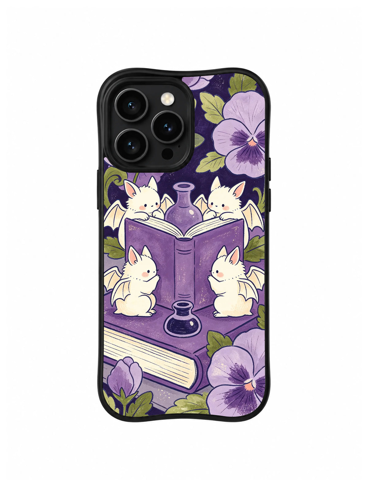Violet Library Reading Circle: Four pale batlings gather around a large purple book among flowers and ink.