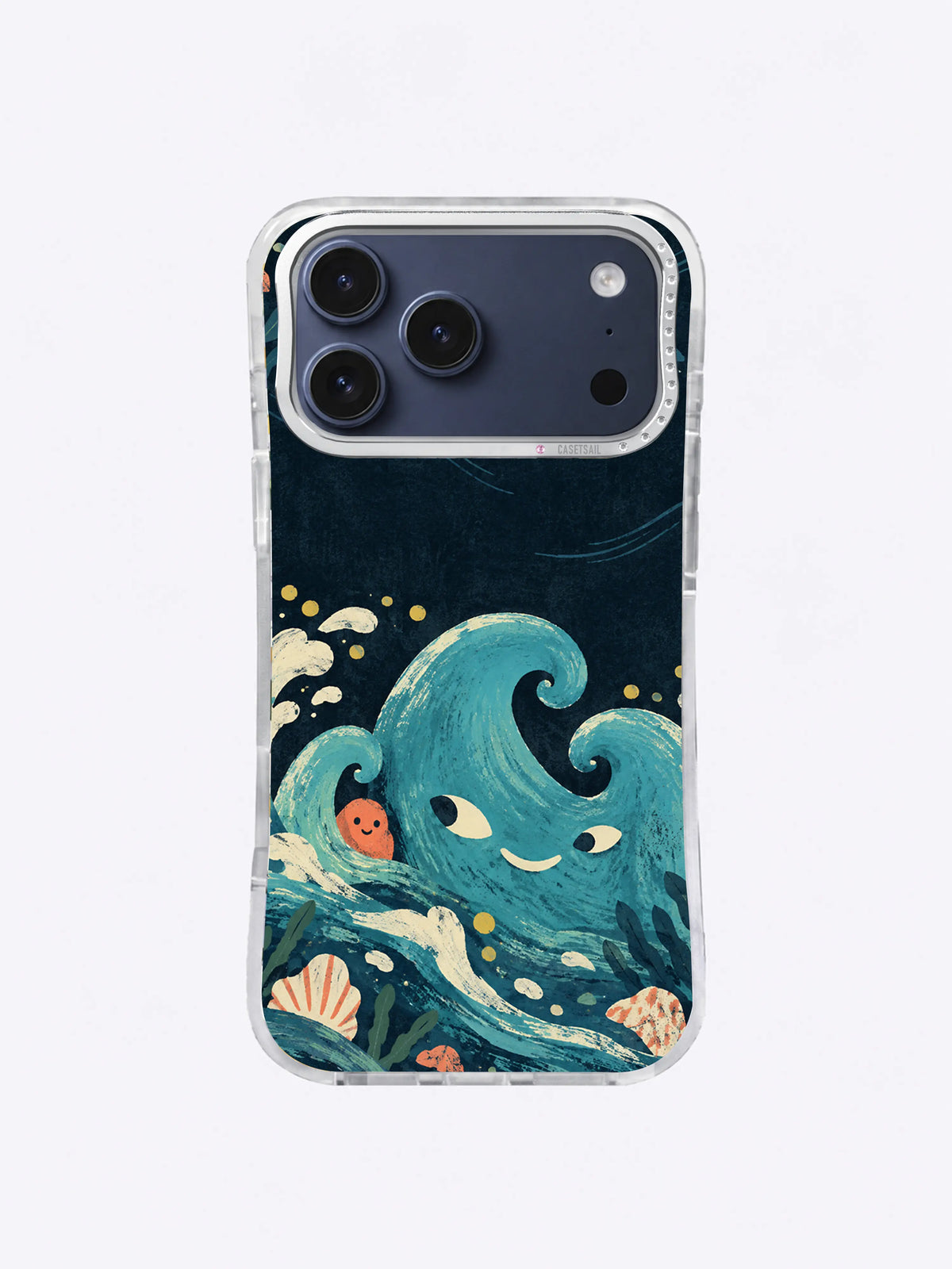 Calm turquoise wave crest with uneven eyes and coral shells on an iPhone 17 Pro Max case