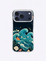 Turquoise mismatched-eye tide with lemon foam arc and shells on an iPhone 17 Pro Max case