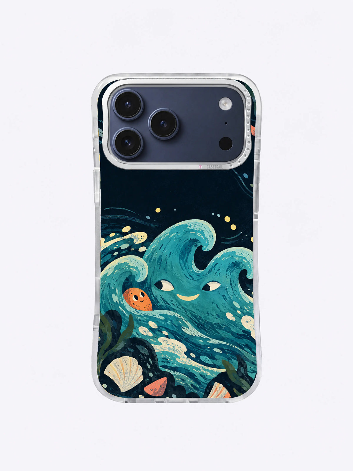 Turquoise mismatched-eye tide with lemon foam arc and shells on an iPhone 17 Pro Max case