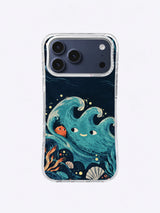 Mismatched-eye tide with curling kelp and ivory shell on an iPhone 17 Pro Max case