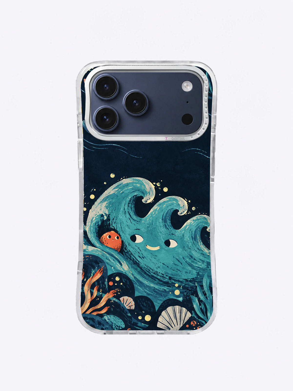 Mismatched-eye tide with curling kelp and ivory shell on an iPhone 17 Pro Max case