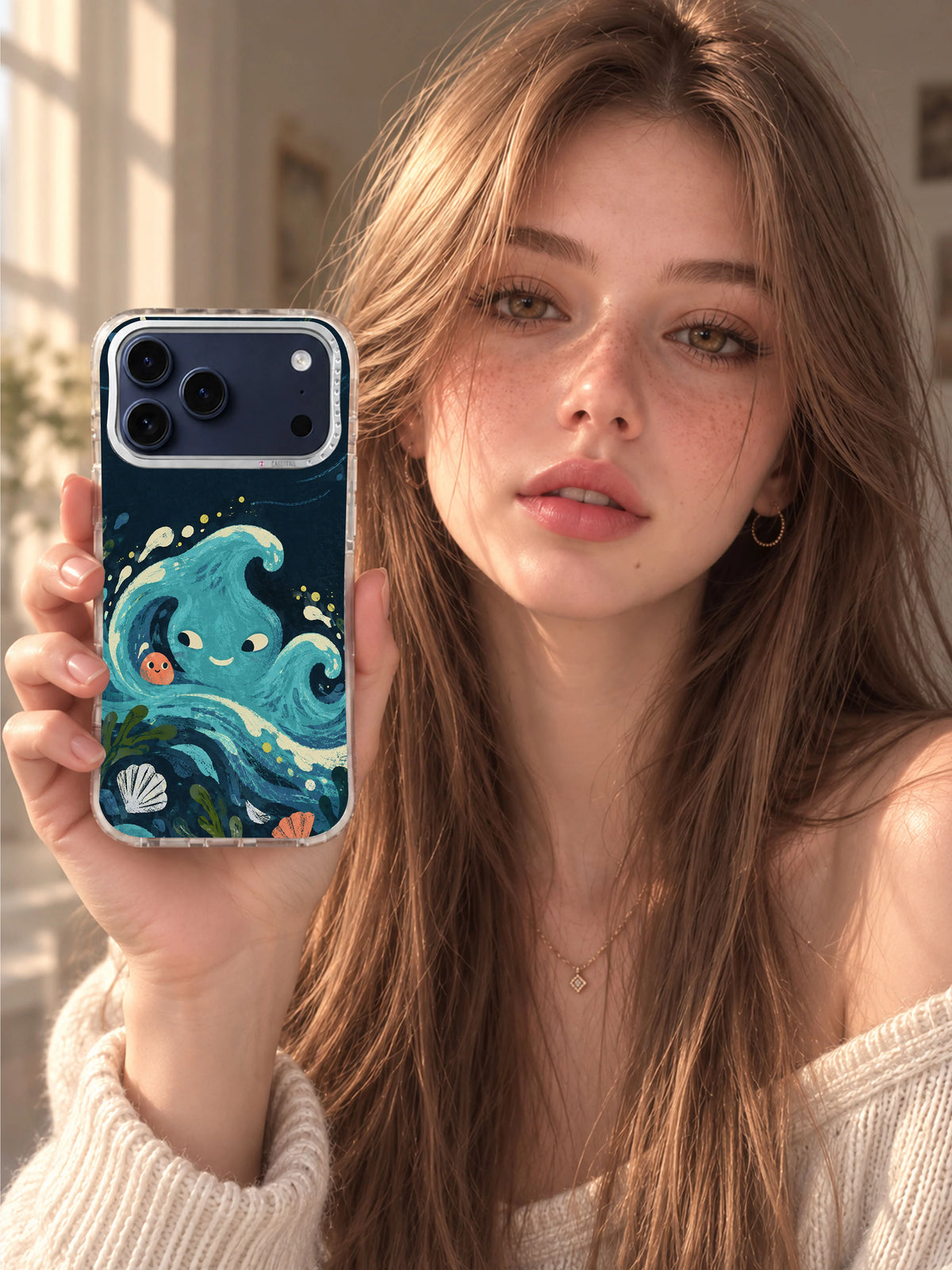 Lifestyle view of The Tide with Mismatched Eyes iPhone 17 Pro Max case