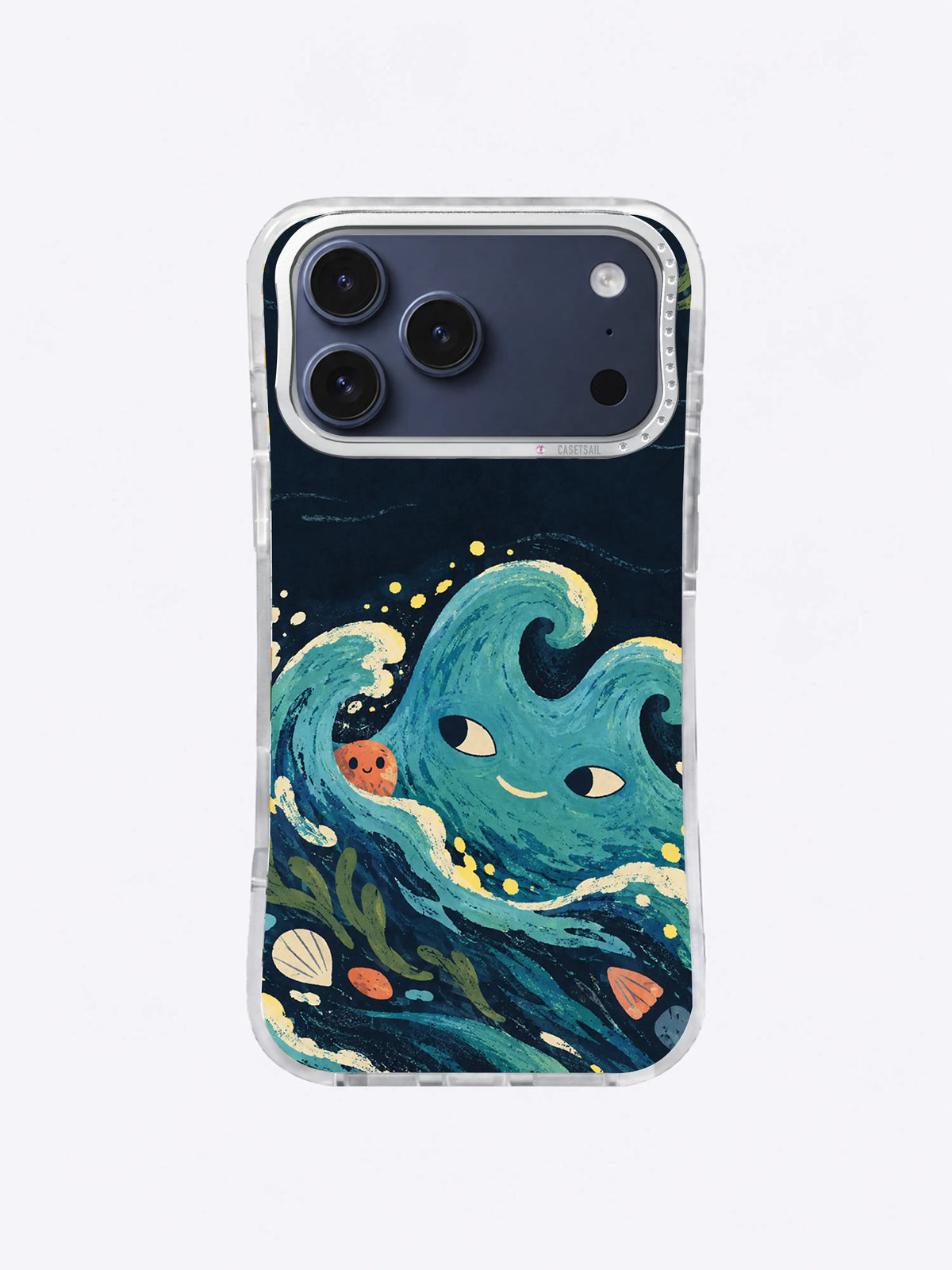 Blue-green wave creature and drifting shell fragments on an iPhone 17 Pro Max case