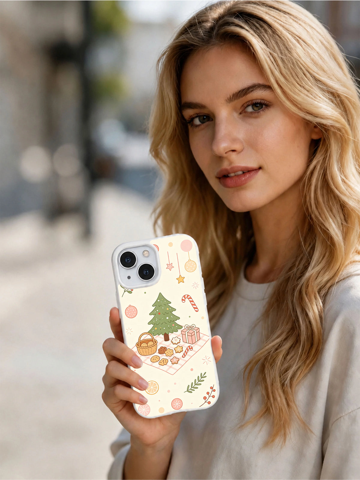 Mistletoe Picnic Christmas iPhone 14 Plus case lifestyle view