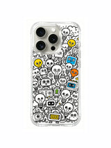 Bulb characters with varied expressions artwork on an iPhone 15 Pro case