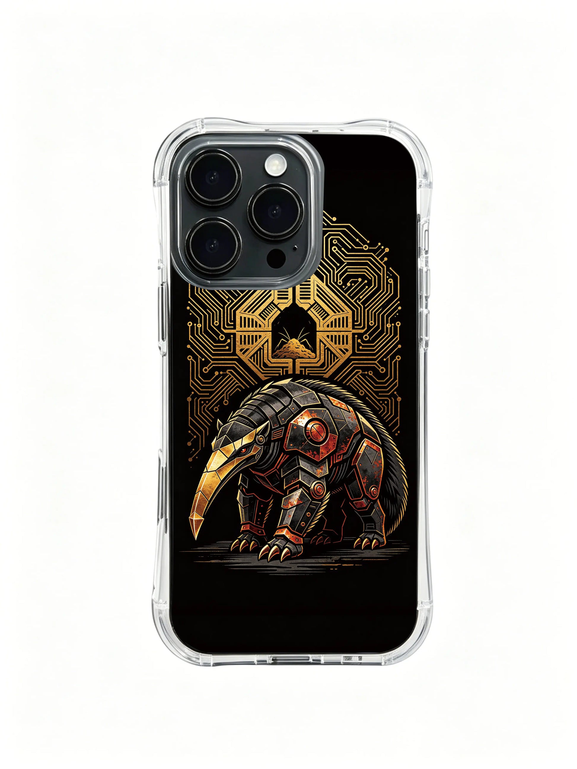 Modern women’s The Totemic Anteater PhoneCasing, art-inspired iPhone 14 Plus Case with black gold mechanical design, durable casing.