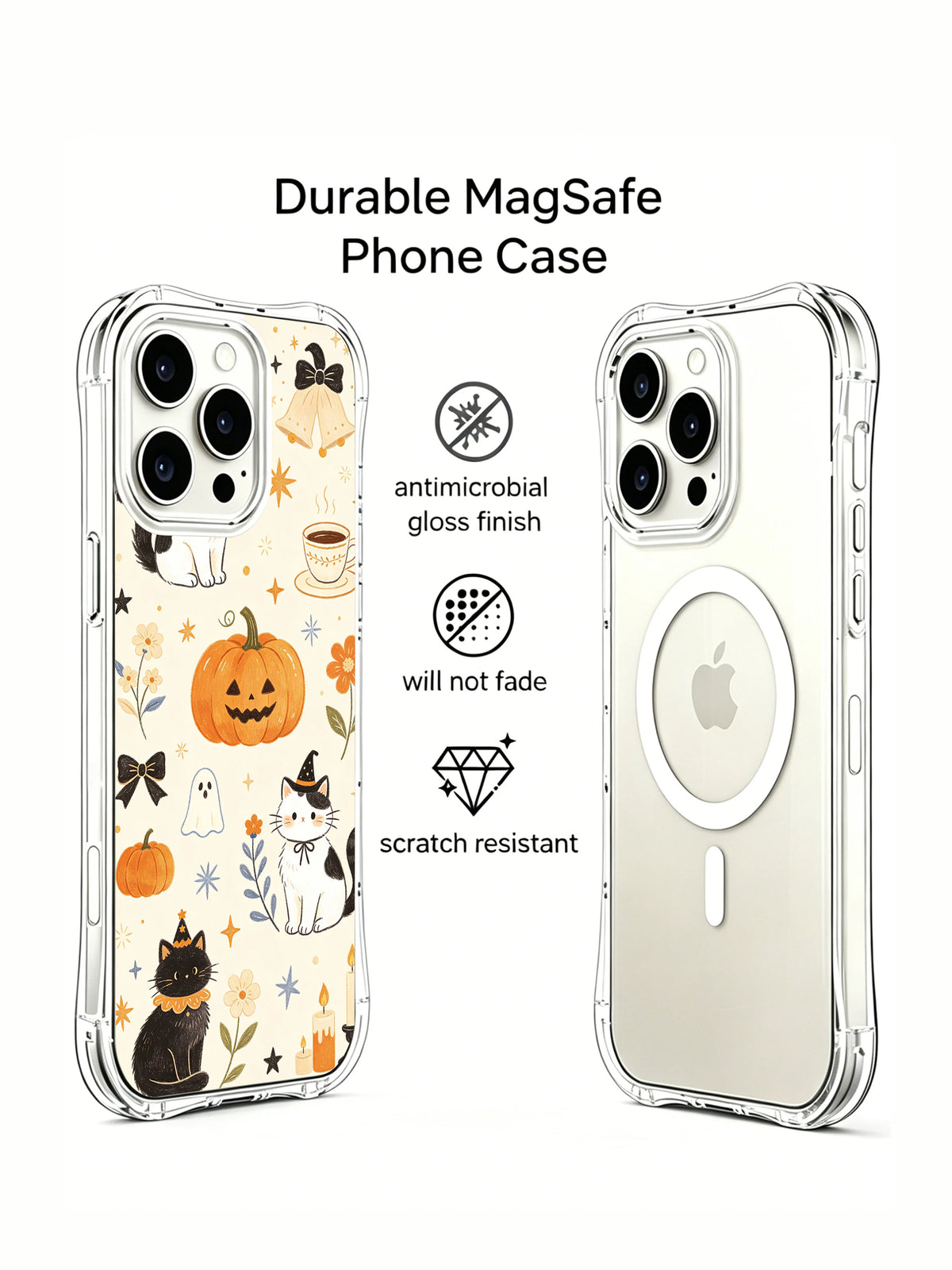 Moon Cat Halloween Café iPhone 14 Pro case front and clear back views