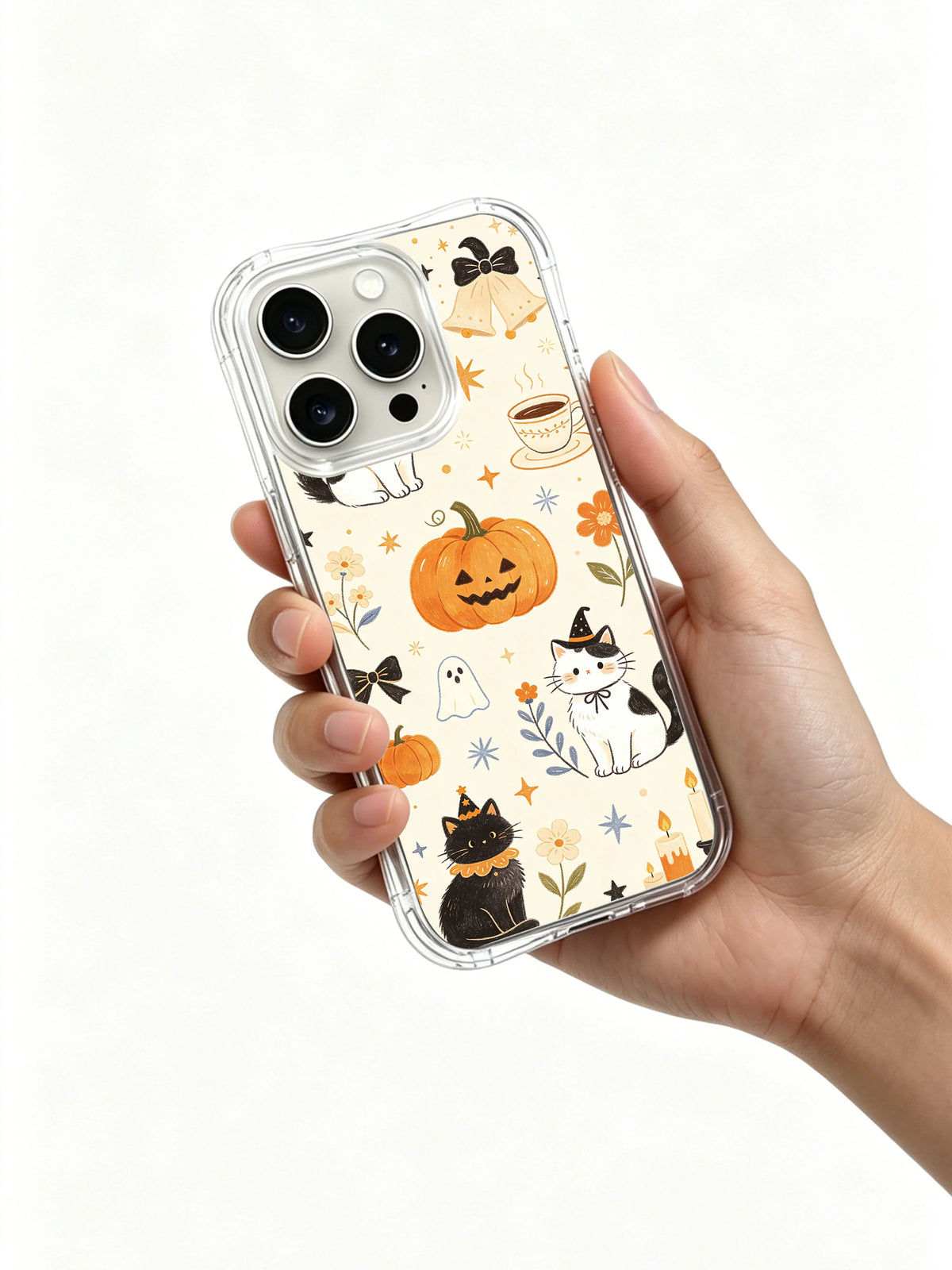 Moon Cat Halloween Café iPhone 14 Pro case held in hand