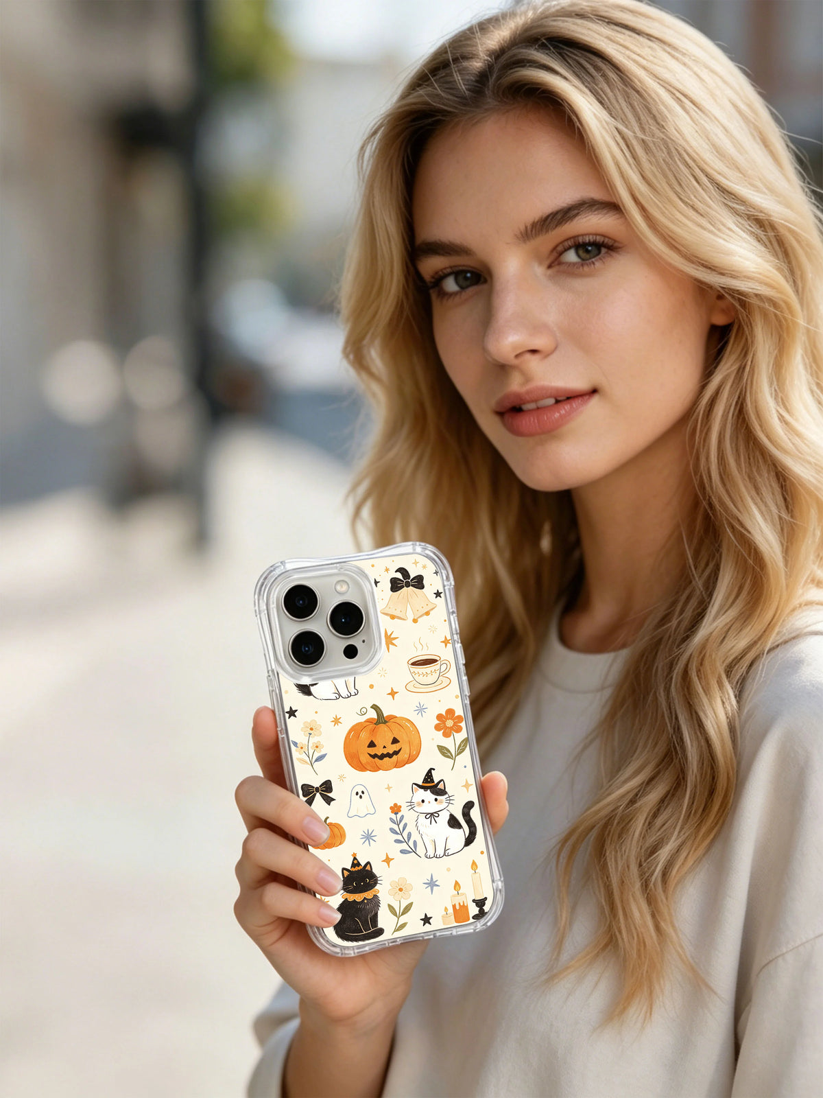 Moon Cat Halloween Café iPhone 14 Pro case lifestyle view
