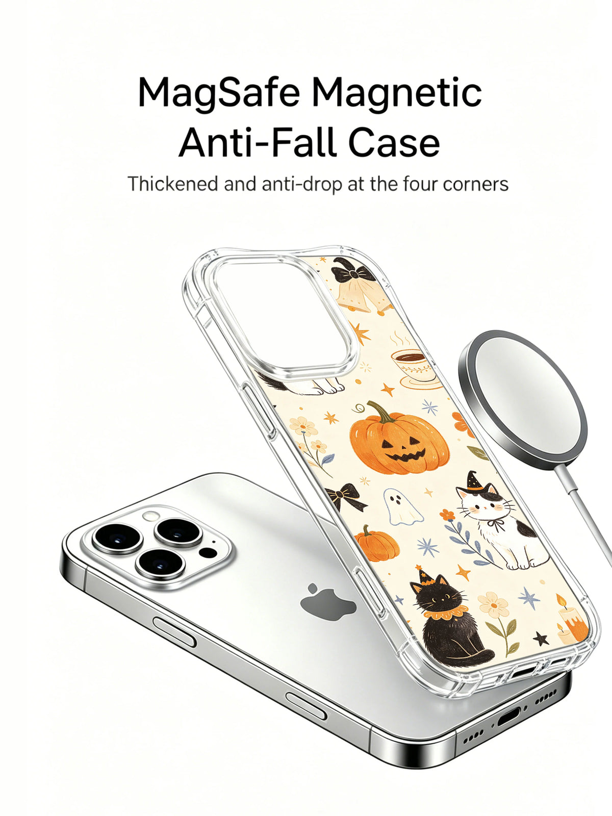Moon Cat Halloween Café iPhone 14 Pro case shown with magnetic accessory