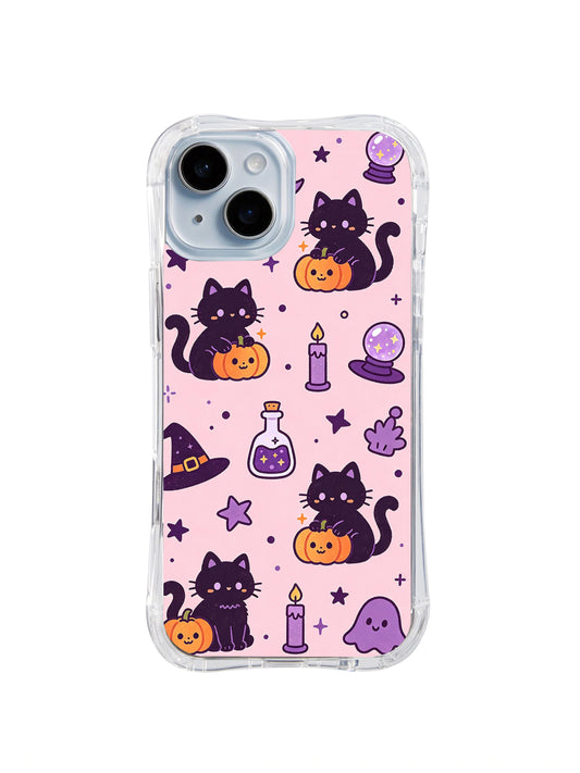 Moon Cat Halloween iPhone 14 Plus case with cute black cat and pink witch art