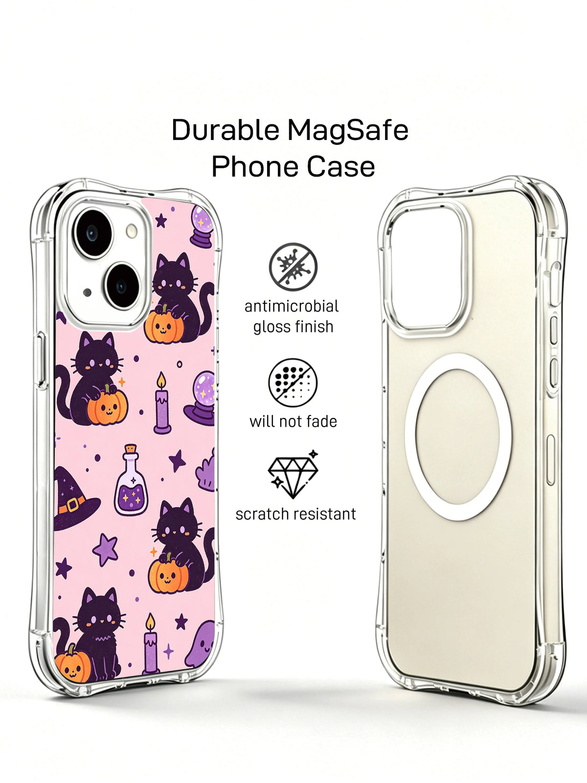 Pink kawaii Halloween iPhone 14 Plus case shown from the front