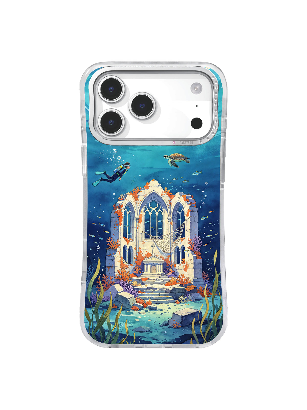 The Moon Cathedral Below the Bay diver and turtle rescue iPhone case artwork