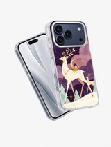 Angled view of Moon-Deer Passage artwork on a clear iPhone 17 Pro Max case