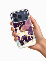 Handheld iPhone 17 Pro Max case showing the Moon-Deer Passage celestial folk artwork