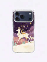 Moon-Deer Passage iPhone case pattern with an ivory deer, crescent cabin, purple clouds and gold stars