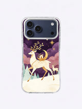 Celestial folk deer iPhone case pattern with plum clouds, mint pines and an antique-gold crescent cabin