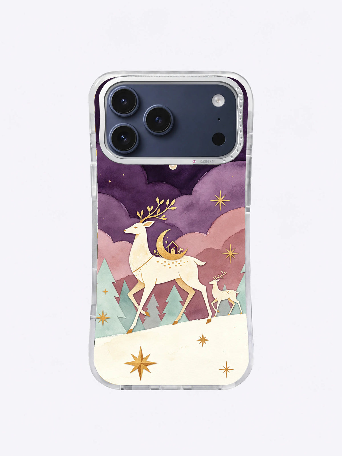 Rosecloud moon-deer iPhone case pattern with ivory snow, mauve sky and small gold stars