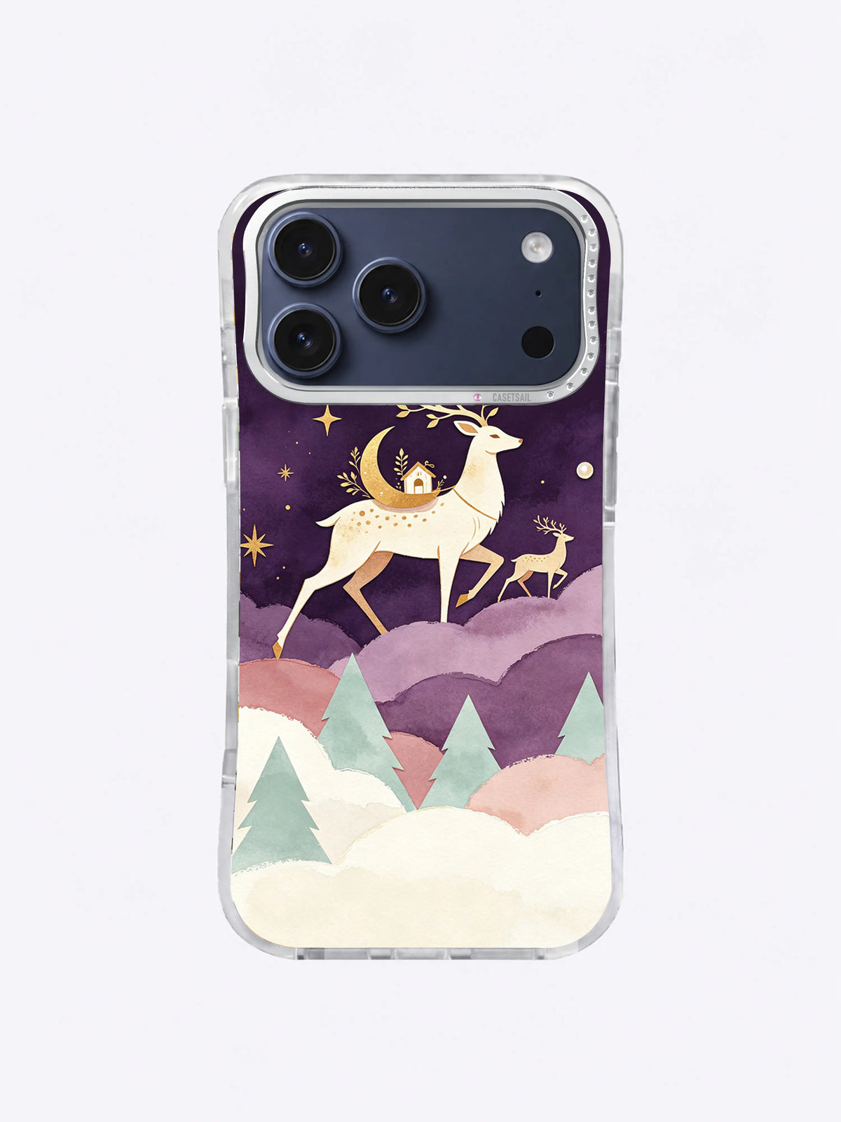 Ivory antler deer iPhone case pattern crossing purple cloud hills above a mint forest