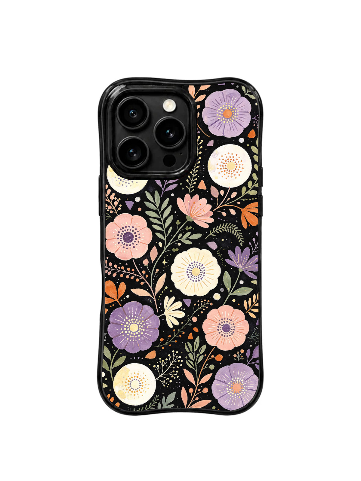 Moon Garden Fragments iPhone 15 Pro case with lavender flowers on black