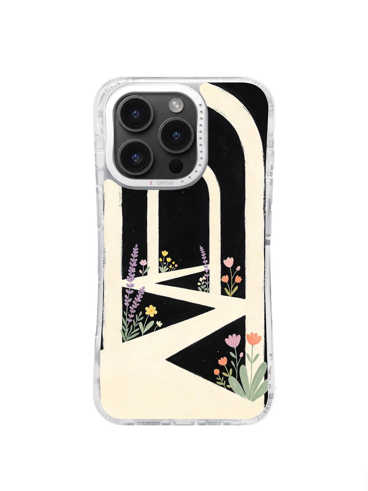 Moon Garden Geometry iPhone 16 Pro Max case front view with black arch and pastel flowers
