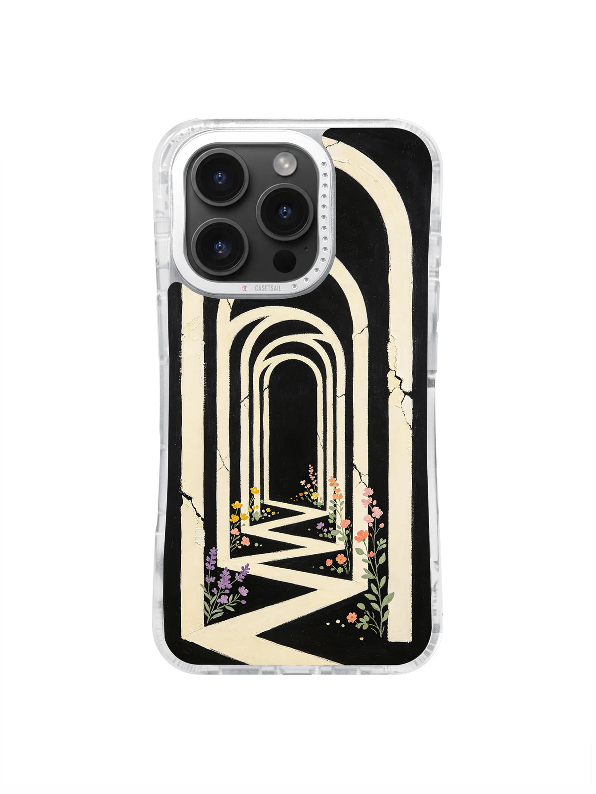 Cracked moon arch corridor and wildflowers pattern on black phone case
