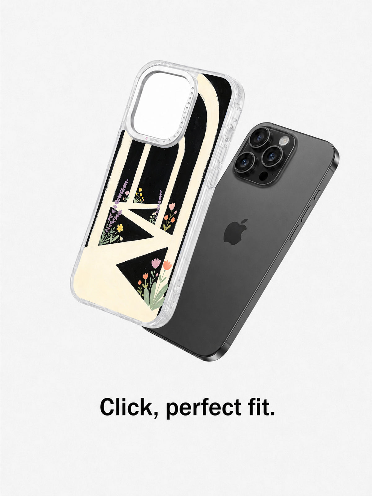 Clear geometric flower iPhone case separated from an iPhone 16 Pro Max