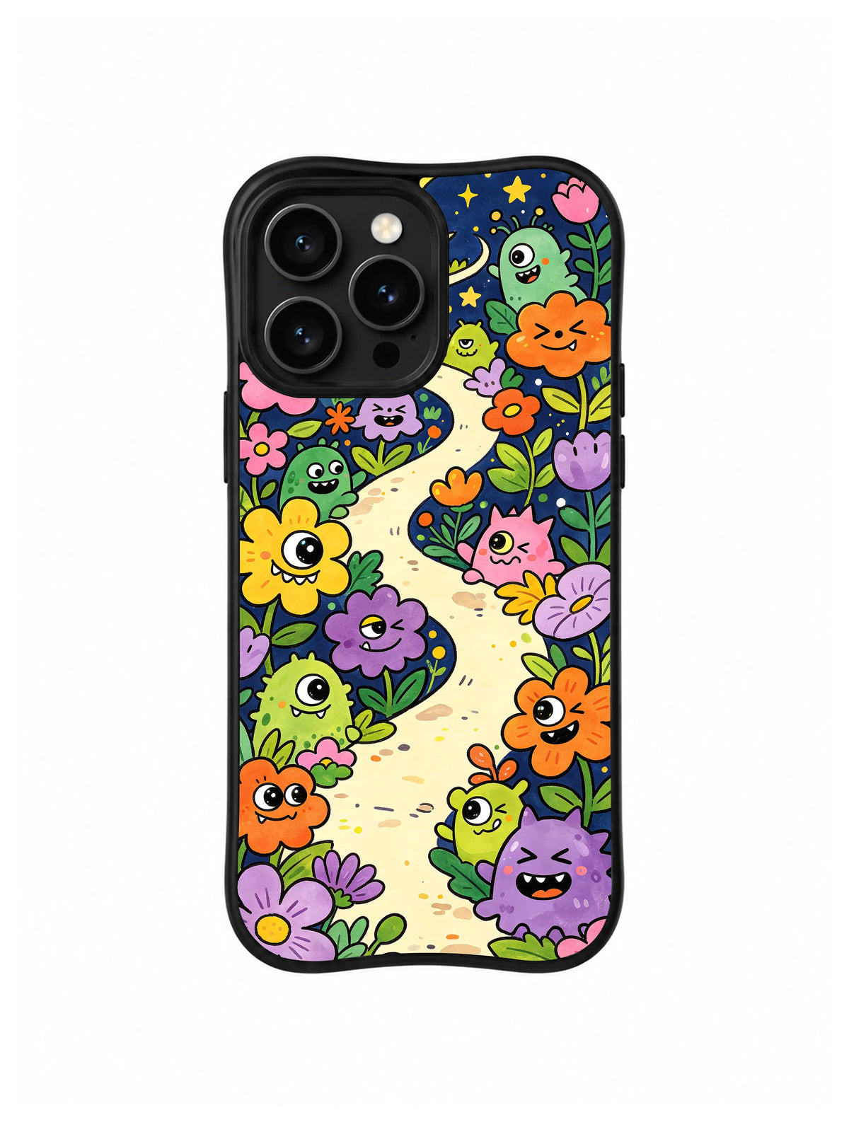 Winding Moon Garden Path: Soluk kıvrımlı yol, küçük yaratıklarla dolu çiçek bahçesinden geçer.