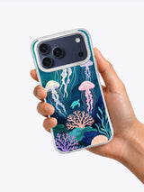 Moon Jelly Current coastal art iPhone case held in hand