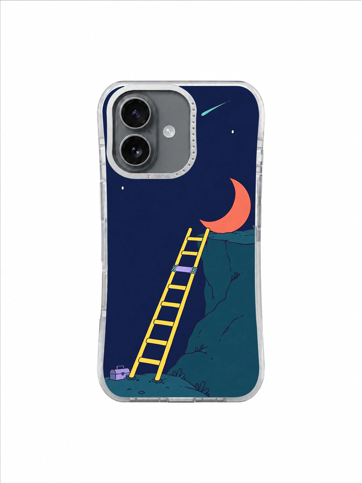 Turquoise Comet Ladder artwork on an iPhone 17 case by Mila Vardon