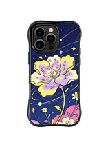 Lunar Wish Blossom: A large yellow-and-lavender flower floats with stars, orbit lines and smaller blooms on navy.