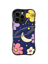 Crescent Daisy Galaxy: A cream crescent moon and orbital ring sit among oversized yellow, pink and lavender daisies.