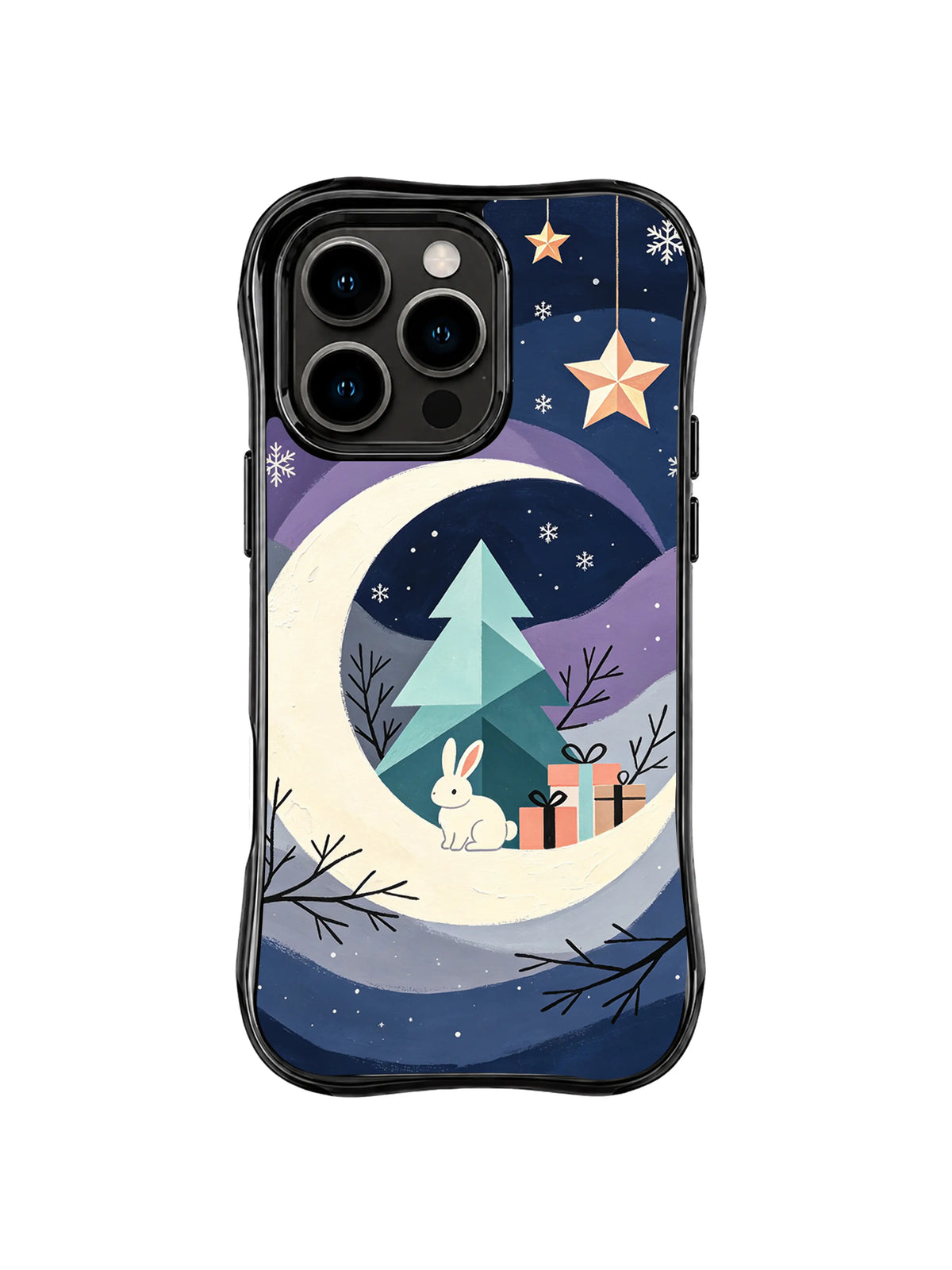 Moon Rabbit ornament iPhone 15 Pro case with coral stars, mint tree and crescent snowbank