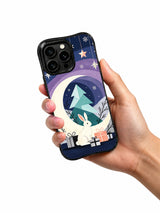 Handheld view of the black-edge Moon Rabbit ornament iPhone 15 Pro case